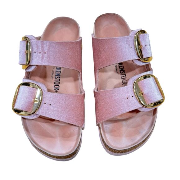 Birkenstock Arizona Pink Velvet Velour Large Gold Buckles Sandals EU41/10L/8M - Picture 1 of 10